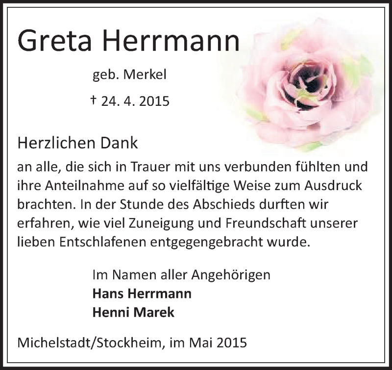  Traueranzeige für Greta Herrmann vom 09.05.2015 aus Odenwälder Echo