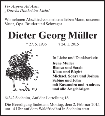 Traueranzeige von Dieter Georg Müller von Echo-Zeitungen (Gesamtausgabe)