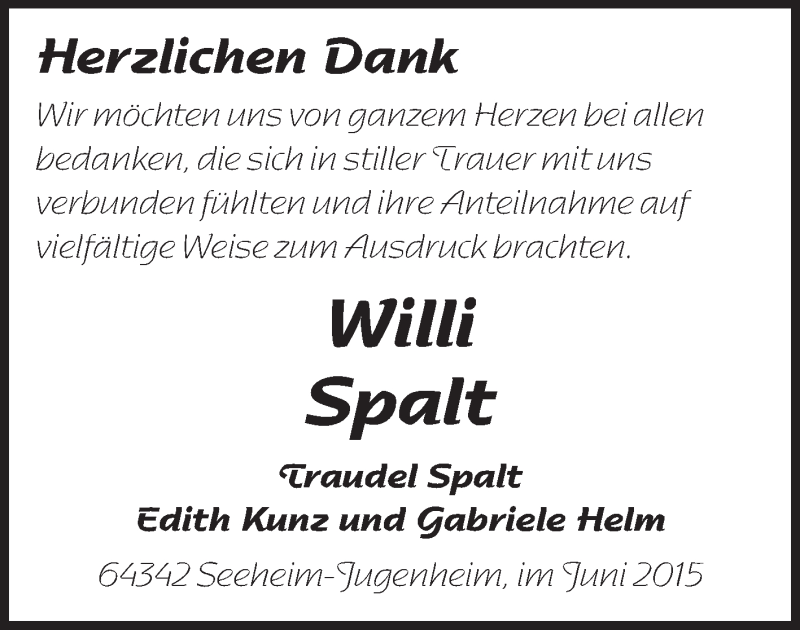  Traueranzeige für Willi Spalt vom 20.06.2015 aus Echo-Zeitungen (Gesamtausgabe)