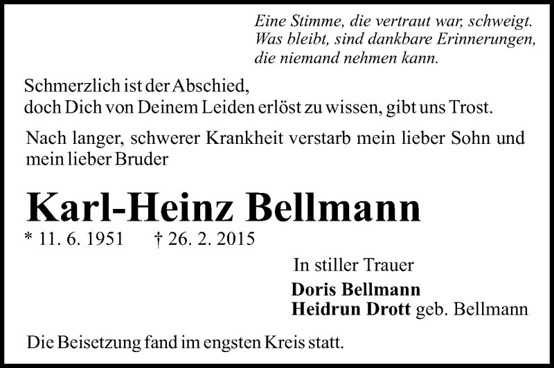  Traueranzeige für Karl-Heinz Bellmann vom 04.04.2015 aus Rüsselsheimer Echo, Groß-Gerauer-Echo, Ried Echo