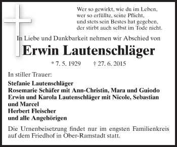 Traueranzeige von Erwin Lautenschläger von Echo-Zeitungen (Gesamtausgabe)