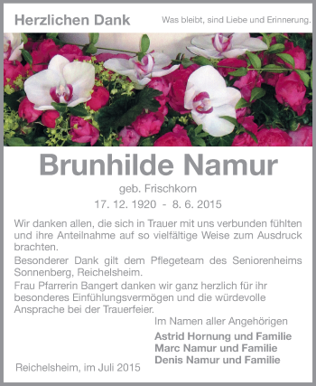 Traueranzeige von Brunhilde Namur von Echo-Zeitungen (Gesamtausgabe)