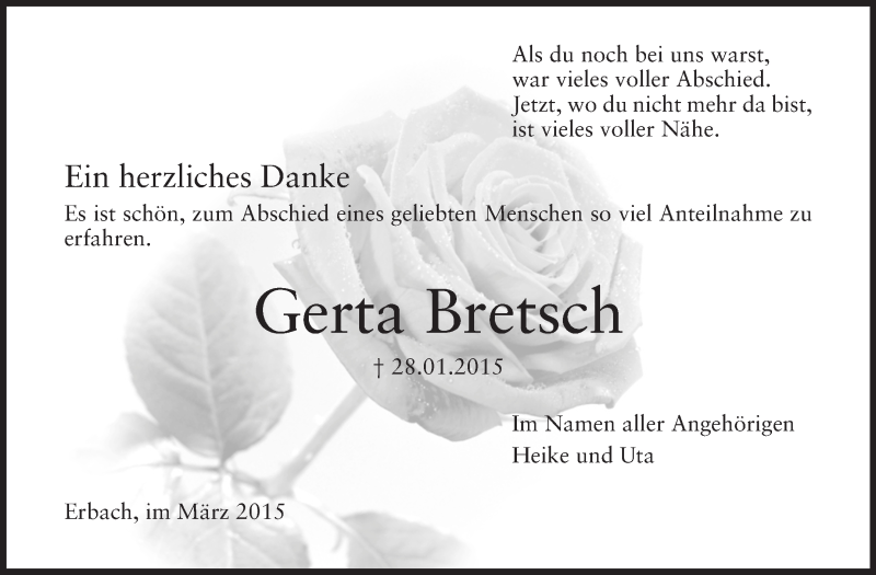  Traueranzeige für Gerta Bretsch vom 07.03.2015 aus Odenwälder Echo