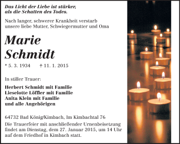 Traueranzeige von Marie Schmidt von Odenwälder Echo