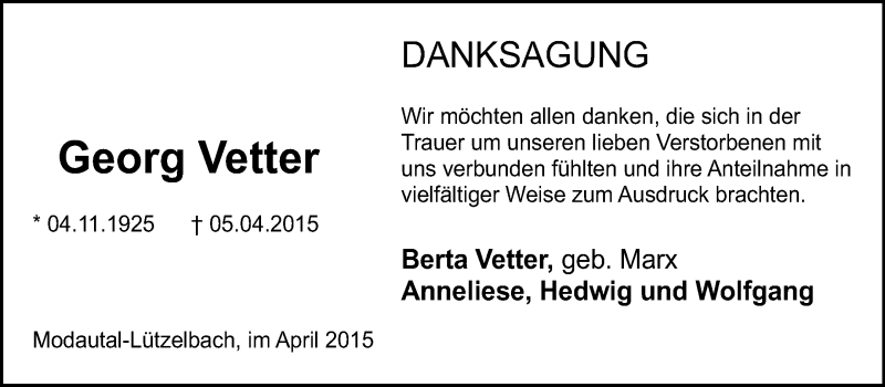  Traueranzeige für Georg Vetter vom 29.04.2015 aus Echo-Zeitungen (Gesamtausgabe)