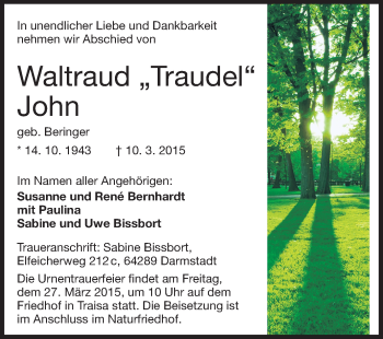 Traueranzeige von Waltraud John von Echo-Zeitungen (Gesamtausgabe)