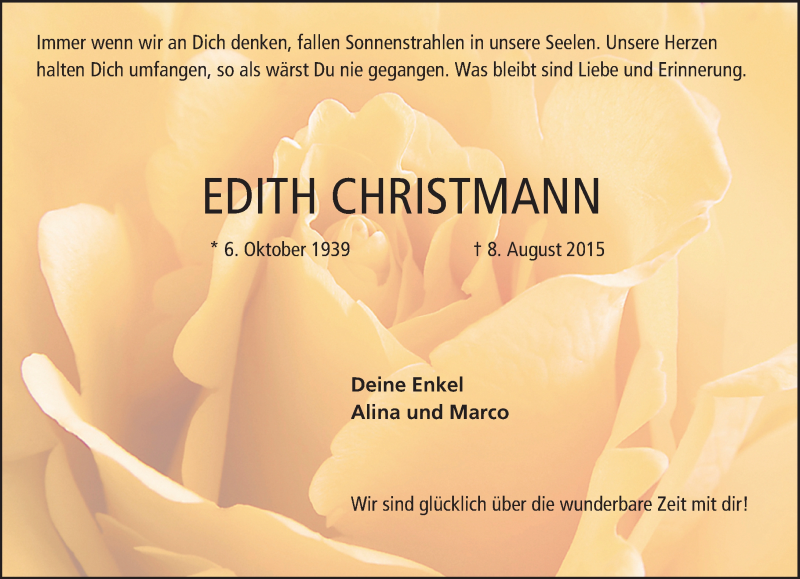  Traueranzeige für Edith Christmann vom 11.08.2015 aus trauer.echo-online.de