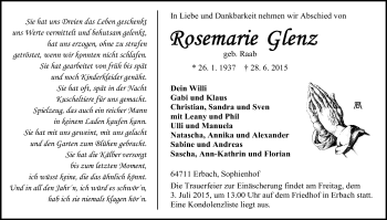 Traueranzeige von Rosemarie Glenz von Odenwälder Echo