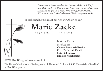 Traueranzeige von Marie Zacke von Odenwälder Echo