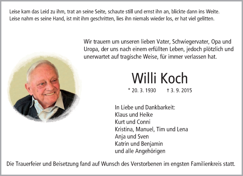  Traueranzeige für Willi Koch vom 21.09.2015 aus trauer.echo-online.de