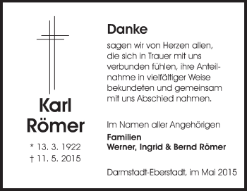 Traueranzeige von Karl Römer von Echo-Zeitungen (Gesamtausgabe)