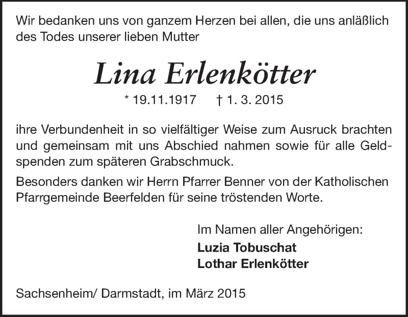  Traueranzeige für Lina Erlenkötter vom 25.03.2015 aus Odenwälder Echo