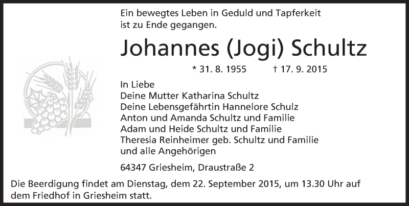  Traueranzeige für Johannes Schultz vom 19.09.2015 aus trauer.echo-online.de