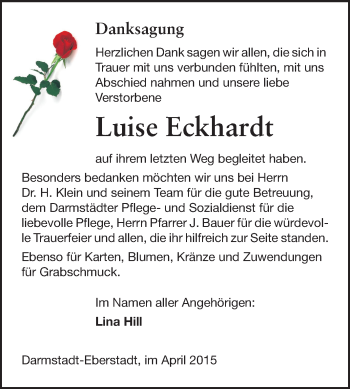 Traueranzeige von Luise Eckhardt von Echo-Zeitungen (Gesamtausgabe)