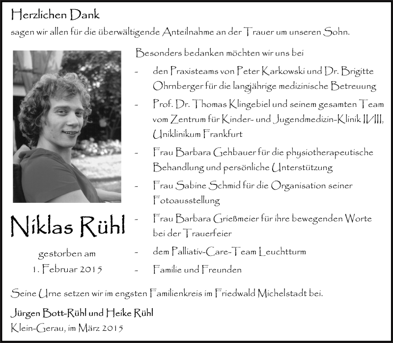  Traueranzeige für Niklas Rühl vom 07.03.2015 aus Echo-Zeitungen (Gesamtausgabe)