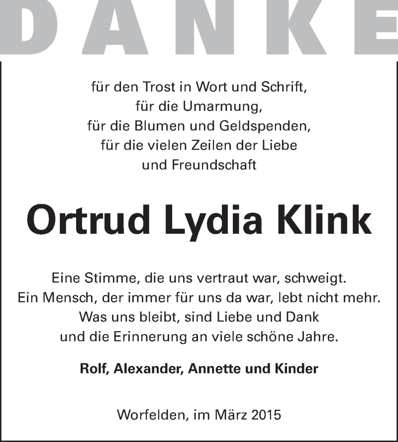  Traueranzeige für Ortrud Lydia Klink vom 13.03.2015 aus Rüsselsheimer Echo, Groß-Gerauer-Echo, Ried Echo