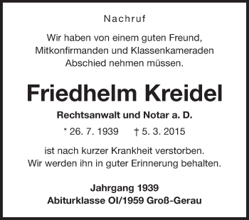 Traueranzeige von Friedhelm Kreidel von Echo-Zeitungen (Gesamtausgabe)
