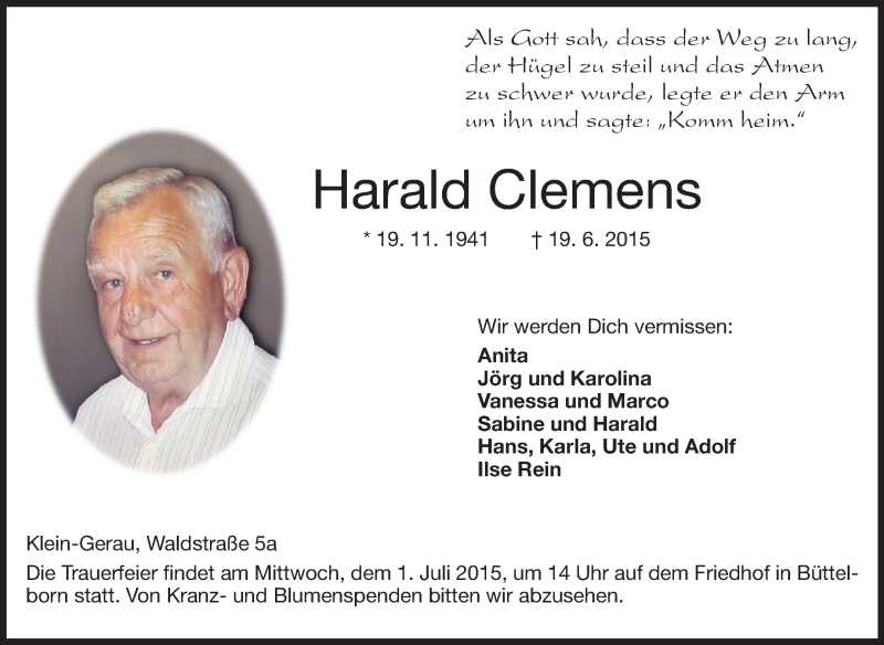  Traueranzeige für Harald Clemens vom 27.06.2015 aus Rüsselsheimer Echo, Groß-Gerauer-Echo, Ried Echo
