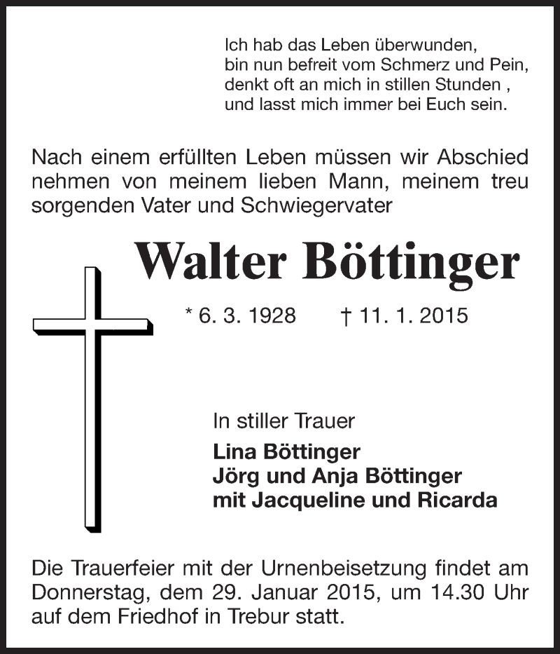  Traueranzeige für Walter Böttinger vom 26.01.2015 aus Rüsselsheimer Echo, Groß-Gerauer-Echo, Ried Echo