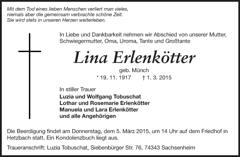  Traueranzeige für Lina Erlenkötter vom 04.03.2015 aus Echo-Zeitungen (Gesamtausgabe)
