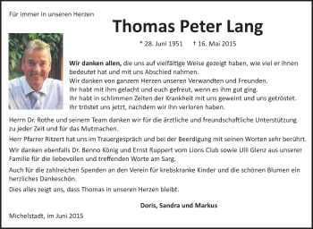 Traueranzeige von Thomas Peter Lang von Odenwälder Echo