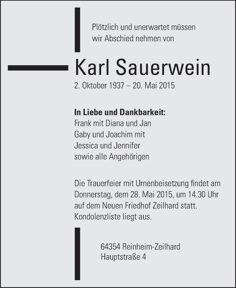  Traueranzeige für Karl Sauerwein vom 23.05.2015 aus Echo-Zeitungen (Gesamtausgabe)