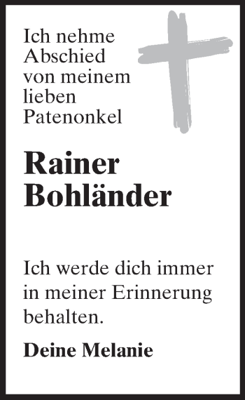 Traueranzeige von Rainer Bohländer von Odenwälder Echo