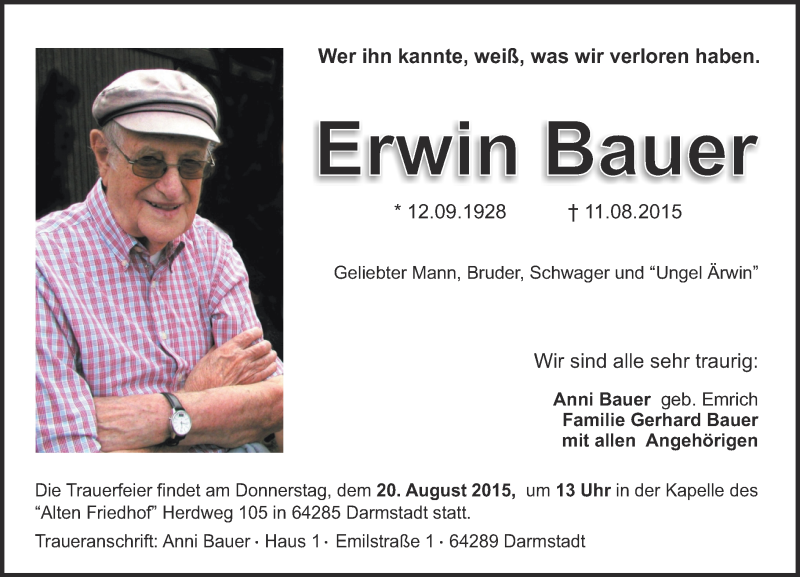  Traueranzeige für Erwin Bauer vom 15.08.2015 aus trauer.echo-online.de