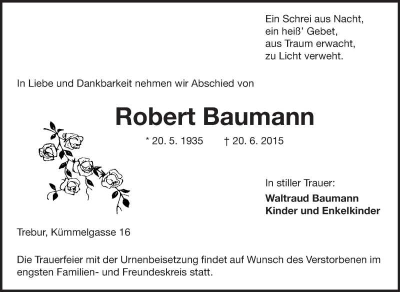  Traueranzeige für Robert Baumann vom 25.06.2015 aus Rüsselsheimer Echo, Groß-Gerauer-Echo, Ried Echo