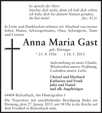 Traueranzeige von Anna Maria Gast von Echo-Zeitungen (Gesamtausgabe)
