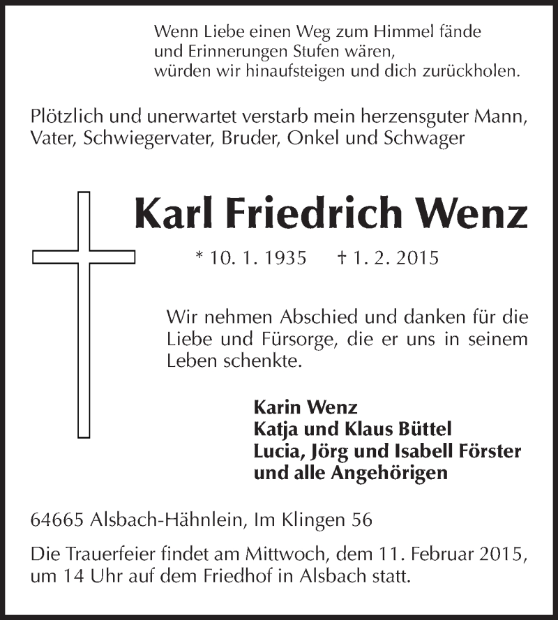  Traueranzeige für Karl Friedrich Wenz vom 07.02.2015 aus Echo-Zeitungen (Gesamtausgabe)