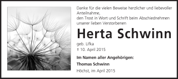 Traueranzeige von Herta Schwinn von Odenwälder Echo