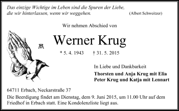 Traueranzeige von Werner Krug von Odenwälder Echo
