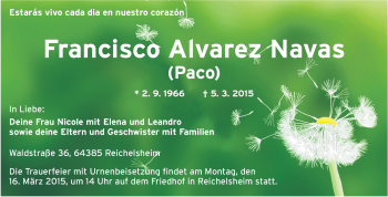 Traueranzeige von Francisco  Alvarez Navas von Echo-Zeitungen (Gesamtausgabe)