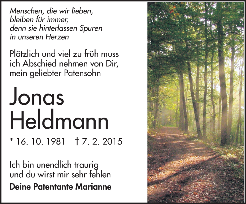  Traueranzeige für Jonas Heldmann vom 21.02.2015 aus Echo-Zeitungen (Gesamtausgabe)