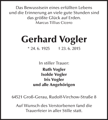 Traueranzeige von Gerhard Vogler von Rüsselsheimer Echo, Groß-Gerauer-Echo, Ried Echo