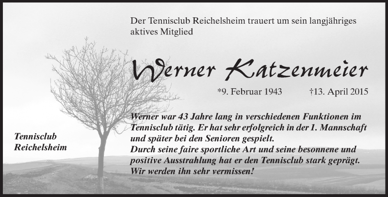  Traueranzeige für Werner Katzenmeier vom 24.04.2015 aus Odenwälder Echo