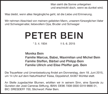 Traueranzeige von Peter Bein von Echo-Zeitungen (Gesamtausgabe)