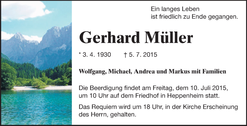  Traueranzeige für Gerhard Müller vom 07.07.2015 aus Starkenburger Echo