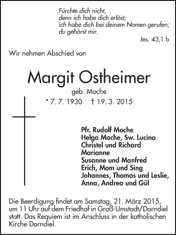 Traueranzeige von Margit Ostheimer von Echo-Zeitungen (Gesamtausgabe)