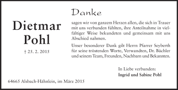 Traueranzeige von Dietmar Pohl von Echo-Zeitungen (Gesamtausgabe)