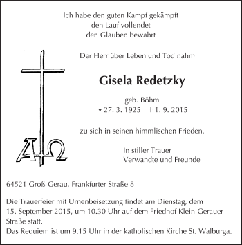 Traueranzeige von Gisela Redetzky von trauer.echo-online.de