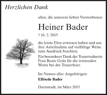 Traueranzeige von Heiner Bader von Echo-Zeitungen (Gesamtausgabe)