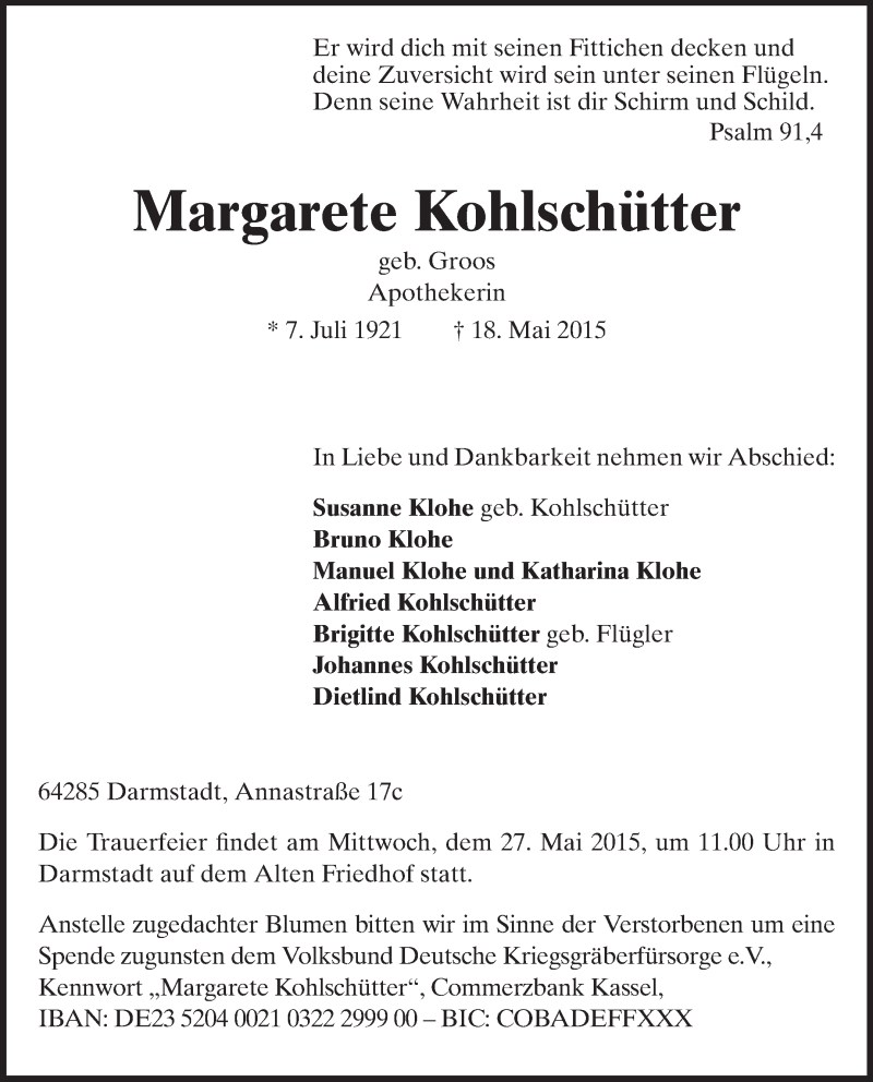  Traueranzeige für Margarete Kohlschütter vom 23.05.2015 aus Echo-Zeitungen (Gesamtausgabe)