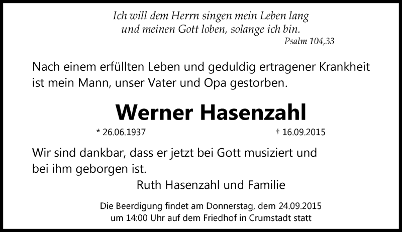  Traueranzeige für Werner Hasenzahl vom 19.09.2015 aus trauer.echo-online.de