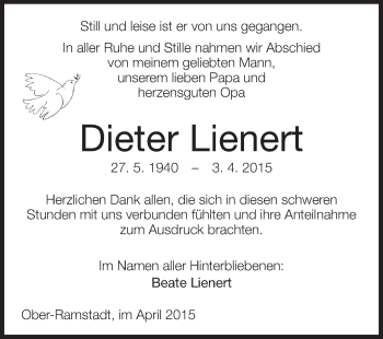 Traueranzeige von Dieter Lienert von Echo-Zeitungen (Gesamtausgabe)