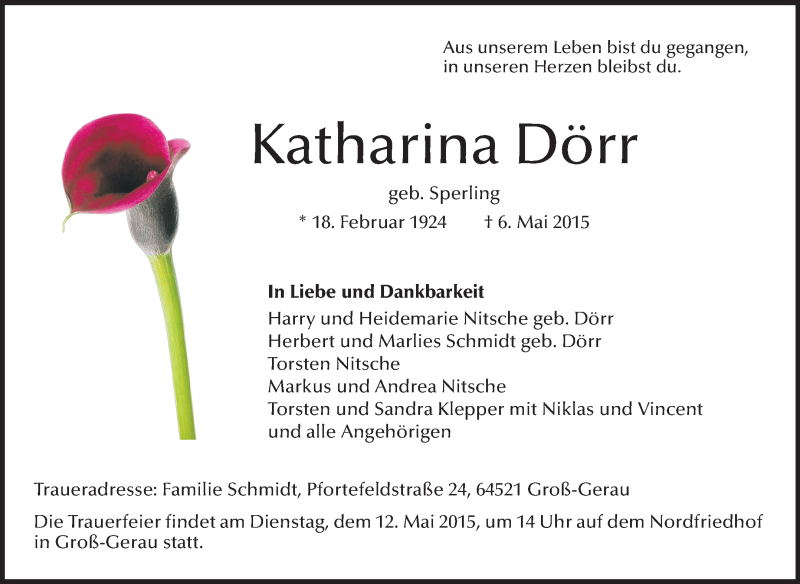  Traueranzeige für Katharina Dörr vom 09.05.2015 aus Rüsselsheimer Echo, Groß-Gerauer-Echo, Ried Echo