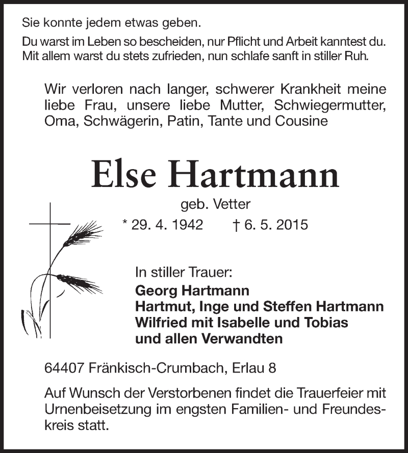  Traueranzeige für Else Hartmann vom 18.05.2015 aus Odenwälder Echo