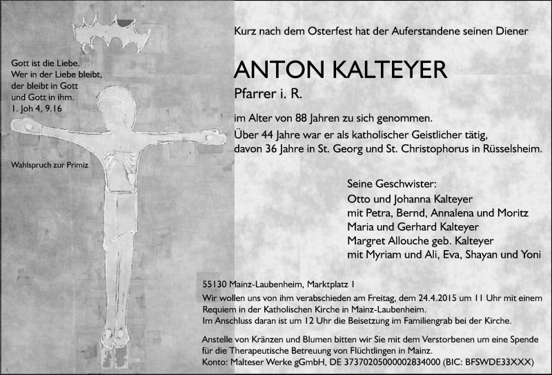  Traueranzeige für Anton Kaltheyer vom 21.04.2015 aus Rüsselsheimer Echo, Groß-Gerauer-Echo, Ried Echo