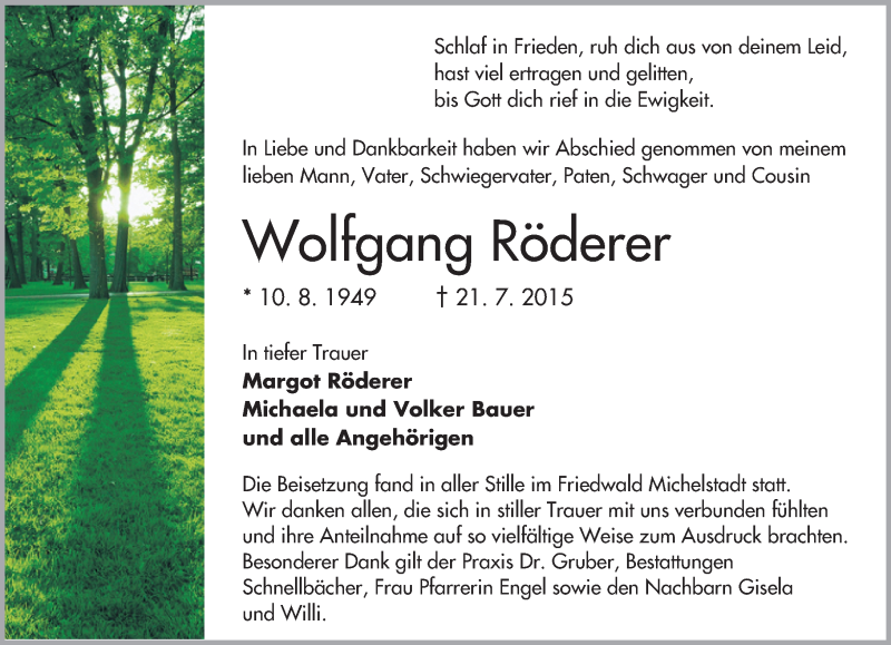  Traueranzeige für Wolfgang Röderer vom 08.08.2015 aus trauer.echo-online.de